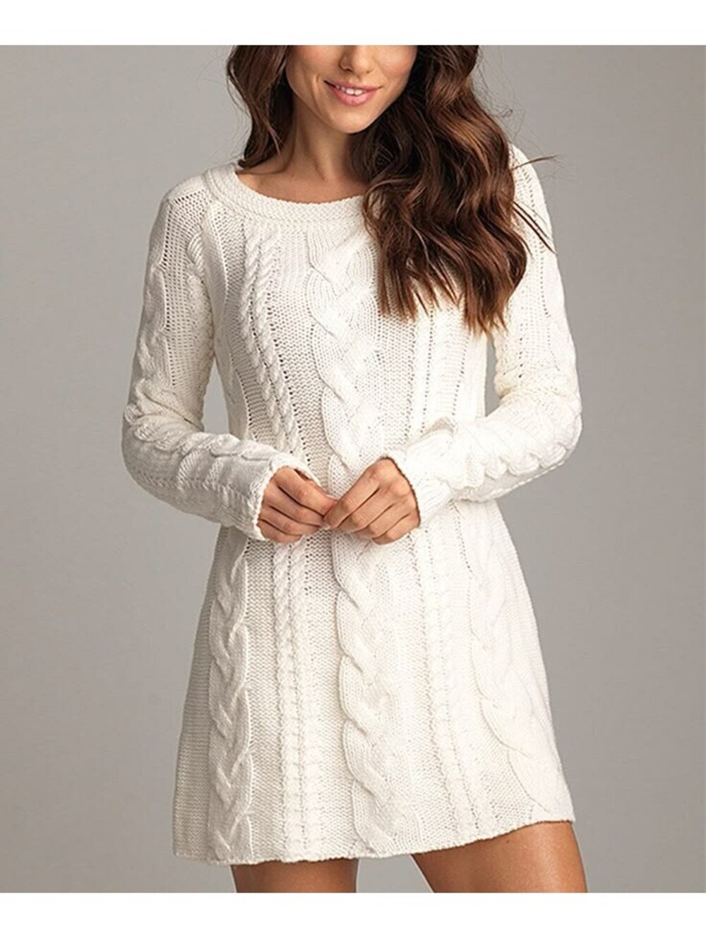 Lemon M Acrylic Mini Sweater Dress Snow White Cable Knit Pattern Long Sleeve